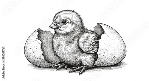 Chick hatched from eggshell – vintage ink sketch hand-drawn black and white vector illustration