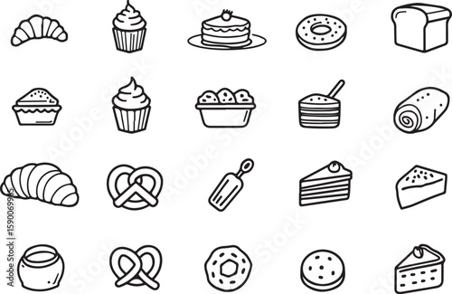 Black and white bakery icons set croissant cupcake