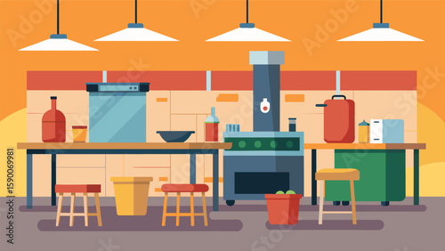 A makeshift kitchen area is being constructed complete with large industrial cooking equipment tables and chairs and a designated area for waste. Vector illustration