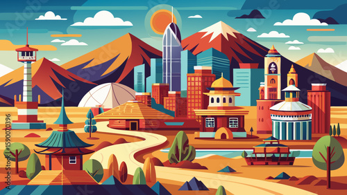 Ulaanbaatar, Mongolia – Ger camps meet Soviet-era buildings and modern towers. Surrounded by open steppe, this city offers unique cultural contrast for striking, layered vector scenes.
