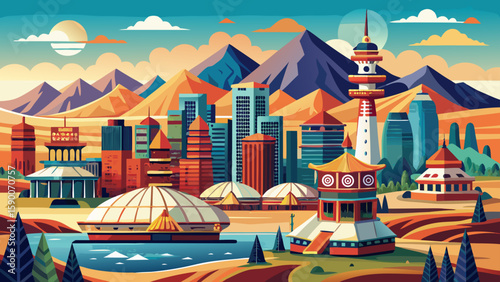 Ulaanbaatar, Mongolia – Ger camps meet Soviet-era buildings and modern towers. Surrounded by open steppe, this city offers unique cultural contrast for striking, layered vector scenes.