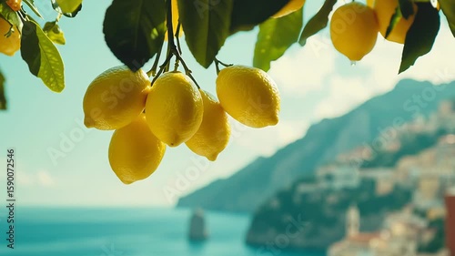 Vibrant lemons hanging against scenic coastal landscape with azure sea and mountains