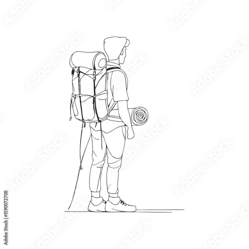 Solo male backpacking nomad with hiking gear and sleeping mat in minimalist abstract one-line drawing, representing eco travel, camping, or outdoor lifestyle on transparent background.