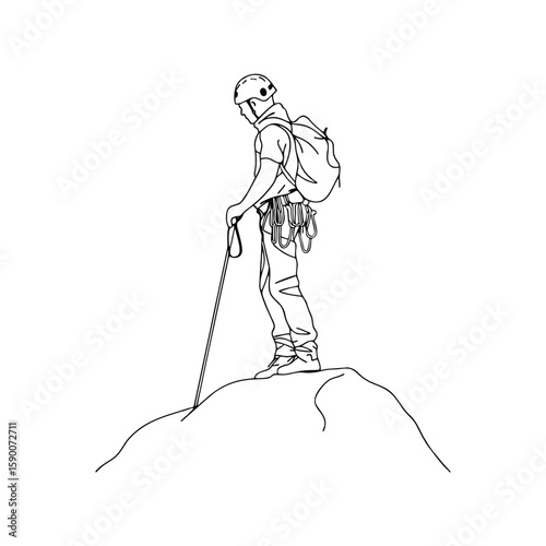 Mountain climber in harness with walking stick standing on cliff edge, male outdoor adventurer line drawing ideal for travel posters and sports blogs on transparent background.
