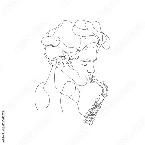 Young male jazz musician with expressive curly hair playing saxophone in continuous one-line minimalist black outline drawing for music posters and art content on transparent background.