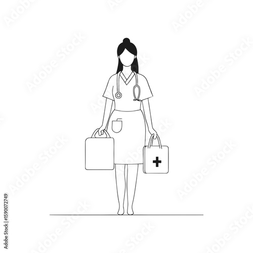 Front view of female paramedic nurse in medical uniform with stethoscope and first aid bags in bold black outline style, suitable for healthcare or emergency infographics on transparent background.