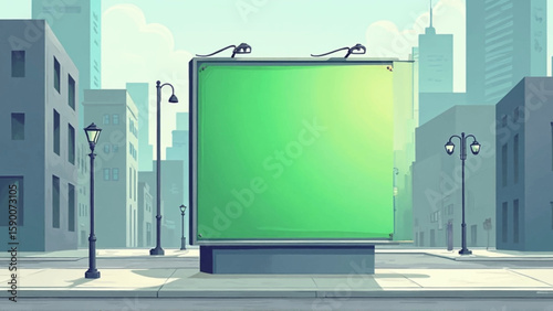 Green screen billboard stands tall in a modern cartoon city downtown street ready for your advertisement or promotion.