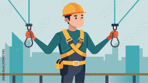 The officer checks the integrity of safety harnesses and lifelines being used by workers working at heights ensuring they are properly attached and in. Vector illustration