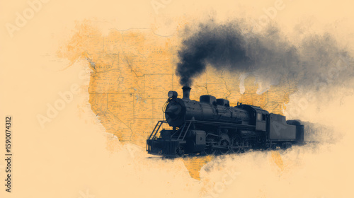 Vintage steam locomotive with black smoke travels across a faded map of the United States, blending history and transportation.
