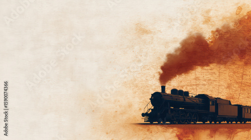 A vintage steam locomotive emits dark smoke as it travels rightward on a textured, sepia-toned background, evoking nostalgia and early industrial era travel.