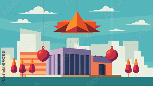 A largescale sculpture or installation suspended from the buildings rooftop visible from all angles and adding a touch of whimsy to the facade.. Vector illustration