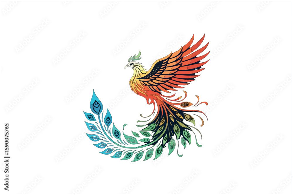 Obraz premium Peacock gradient fire phoenix bird logo vector on whit background.02