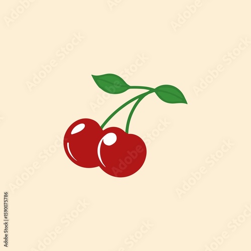Pair of red cherries with green leaves