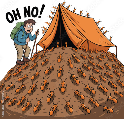 Cartoon Hiker's Nightmare Encounter A Hill of Ants Surrounding Tent in Nature's Wilderness Adventure Gone Wrong