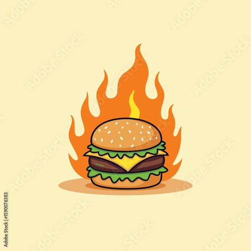 Burger on Fire A Deliciously Hot Cartoon Food Illustration