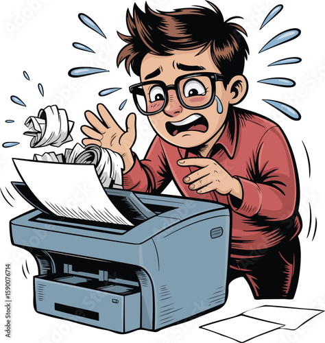 Frustrated Man with Printer Jam_Office Stress_Technical Difficulties_Cartoon Illustration of Workplace Problem