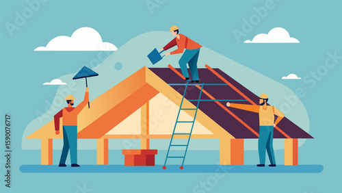 A rooftop being completed with workers adding the final touches to the structure.. Vector illustration