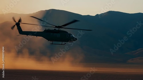 A military helicopter flies through a dusty landscape at sunset. Mountains are visible in the background, creating a dramatic silhouette.