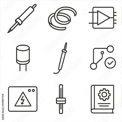Audio Repair Icons. Line style icons of Audio Repair Bench: soldering iron, desolder braid, op-amp chip, capacitor can, multimeter