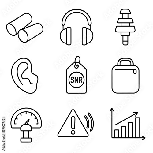 Hearing Protection Icons. Line style icons of Hearing Protection Devices: foam earplug pair, earmuff cup, musician plug filter,