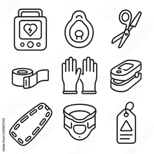 Emergency Response Icons. Line style icons of Emergency Medical Response: AED device, CPR mask, trauma shears, tourniquet strap,