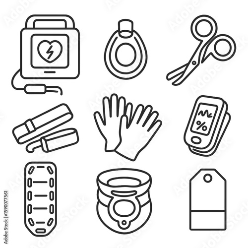 Emergency Response Icons. Line style icons of Emergency Medical Response: AED device, CPR mask, trauma shears, tourniquet strap,