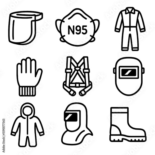 PPE Line Icons. Line style icons of Personal Protective Equipment: face shield, N95 mask, cut-resistant glove, fire-resistant