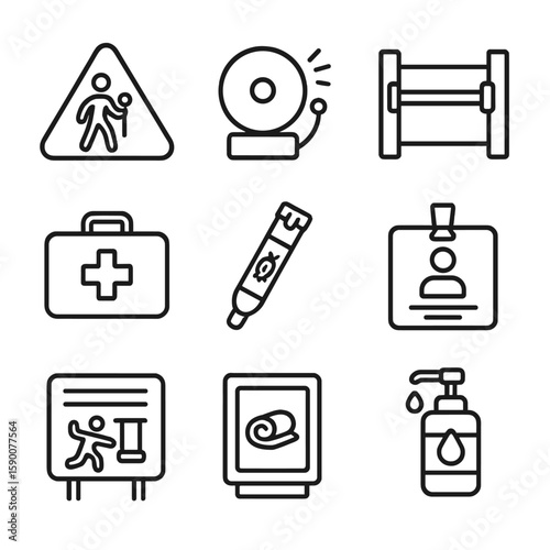 School Safety Icons. Line style icons of School Safety Essentials: crossing guard sign, emergency drill bell, lockdown door bar,
