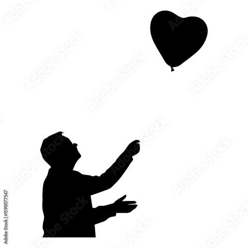 Vector art of silhouette of a man releasing a heartshaped balloon into the sky isolated on transparent background
