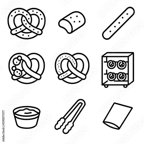 Pretzel Stand Icons. Line style icons of Sweet Pastry Display: flaky croissant, danish swirl, fruit tartlet, éclair shell, palmier