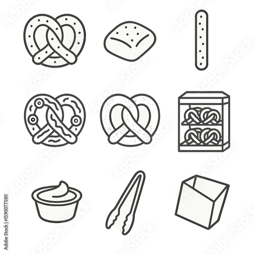 Pretzel Stand Icons. Line style icons of Sweet Pastry Display: flaky croissant, danish swirl, fruit tartlet, éclair shell, palmier