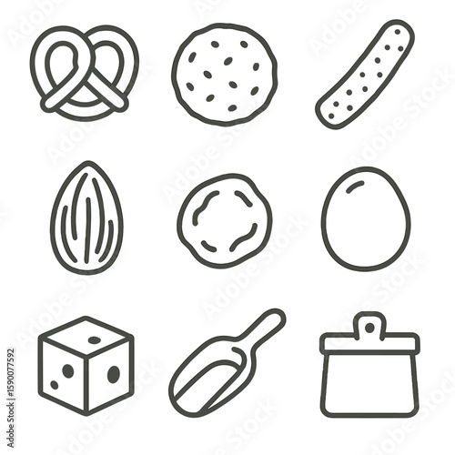 Artisan Snack Icons. Line style icons of Artisan Snack Mix: pretzel twist, rice cracker, sesame stick, roasted almond, dried