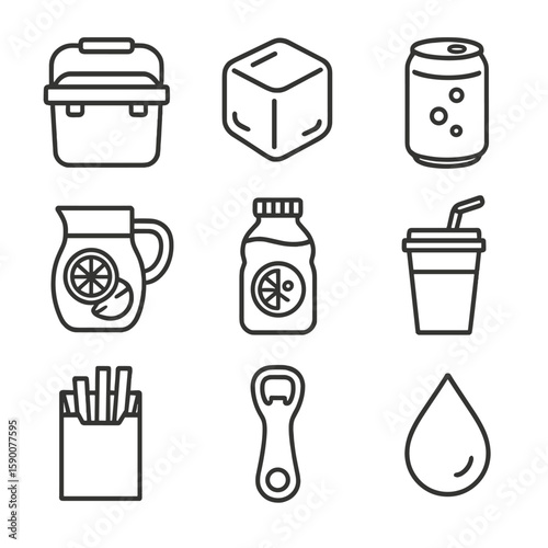 Cold Beverage Icons. Line style icons of Cold Beverage Cooler: insulated cooler box, ice cube, sparkling water can, lemonade jar,