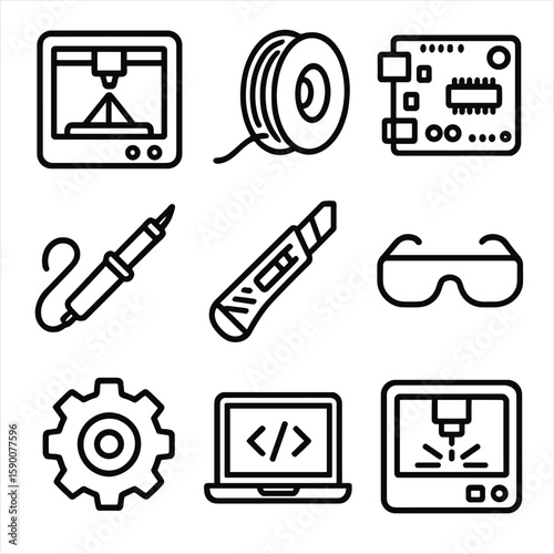 Makerspace Tools Icons. Line style icons of Makerspace Station: 3-D printer, filament roll, Arduino board, solder iron, craft
