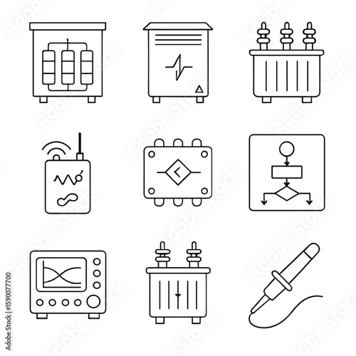 Volt-VAR Optimization Icons. Line style icons of Volt-VAR Optimization Devices: capacitor bank, static VAR compensator, voltage