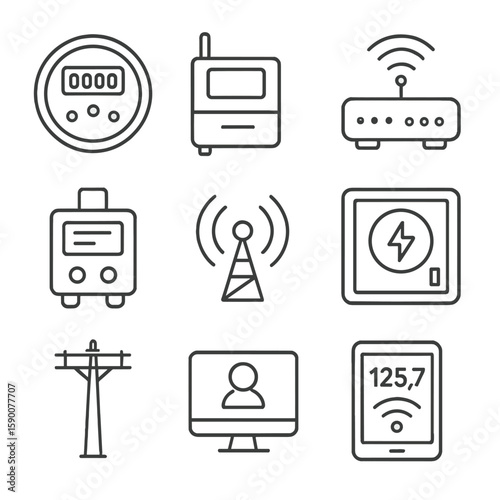 AMI Line Icons. Line style icons of Advanced Metering Infrastructure: smart meter, concentrator unit, HAN gateway, data collector,
