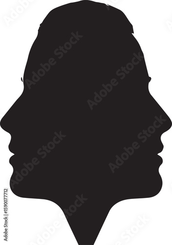Vector art of a striking black silhouette of two faces in profile, creating an optical illusion of a single shape isolated on transparent background