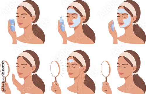 Illustration of a woman performing a skincare routine with various steps and products applied


