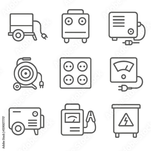 Electrical Equipment Icons. Line style icons of Ground Power & Electrical Units: GPU cart, AC inverter unit, DC power supply,