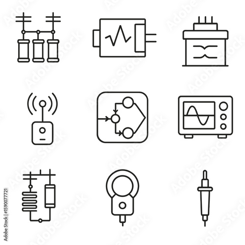 Volt-VAR Optimization Icons. Line style icons of Volt-VAR Optimization Devices: capacitor bank, static VAR compensator, voltage