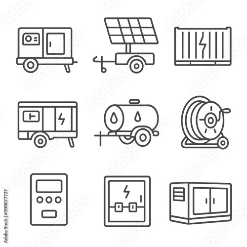 Remote Power Icons. Line style icons of Remote Site Mobile Power Generators: diesel generator, solar trailer, battery container,