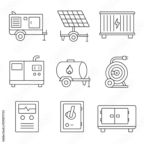 Remote Power Icons. Line style icons of Remote Site Mobile Power Generators: diesel generator, solar trailer, battery container,