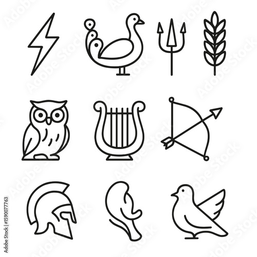 Olympian Icons. Line style icons of Olympian Gods: Zeus lightning bolt, Hera peacock, Poseidon trident, Demeter sheaf of wheat,