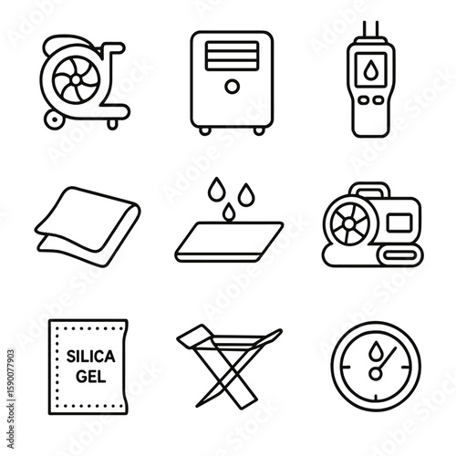 Drying Tools Icons. Line style icons of Drying & Moisture Control: fan blower, dehumidifier unit, moisture meter, microfiber towel