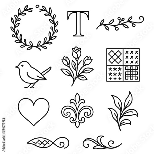 Vintage Embroidery Icons. Line style icons of Vintage Embroidery Motifs: floral wreath pattern, monogram letter, vine border, bird