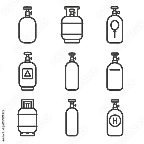 Gas Cylinder Icons. Line style icons of Gas Cylinder Types: oxygen cylinder, propane cylinder, helium cylinder, carbon dioxide