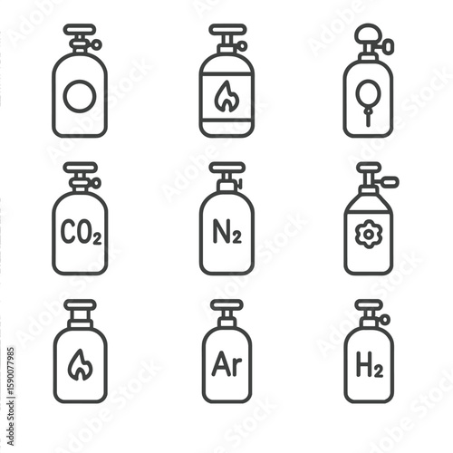 Gas Cylinder Icons. Line style icons of Gas Cylinder Types: oxygen cylinder, propane cylinder, helium cylinder, carbon dioxide