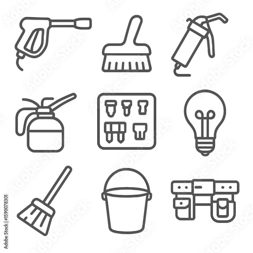 Station Maintenance Icons. Line style icons of Station Maintenance Equipment: pressure washer gun, cleaning brush, grease gun,