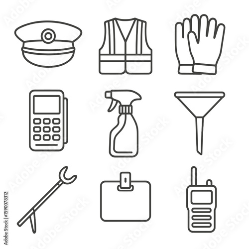 Station Staff Tools Icons. Line style icons of Station Staff Uniform & Tools: service cap, reflective vest, service gloves,