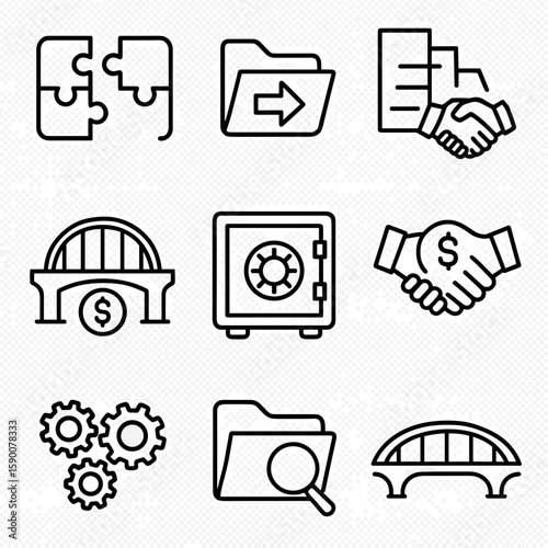 M&A Icons Collection. Line style icons of M&A Funding Structures: merger puzzle, acquisition folder, deal ladder, bridge loan icon